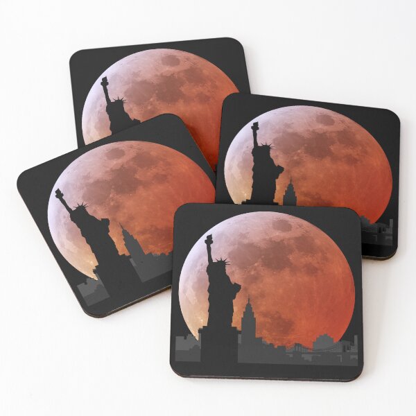 Item preview, Silhouette of New York City with the Statue of Liberty against a full red moon designed and sold by VugArtShop.
