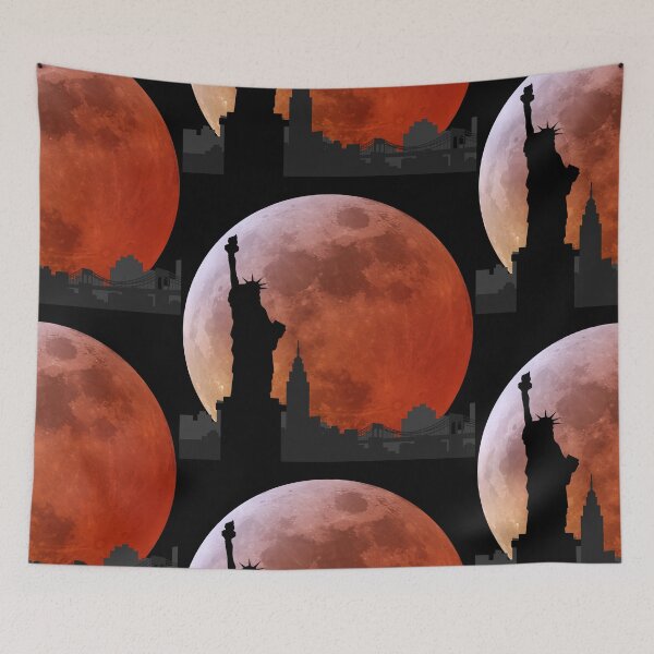 Item preview, Silhouette of New York City with the Statue of Liberty against a full red moon designed and sold by VugArtShop.