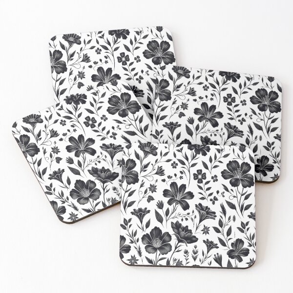 Item preview,  Flower - Black Flowers and Leaves on White  ; Floral Pattern designed and sold by PatternInArt.