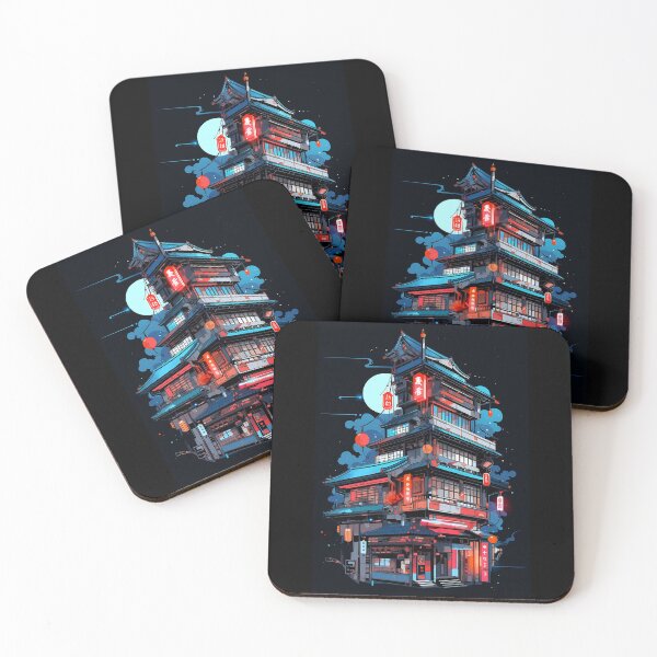 Item preview, Traditional Japanese terraced house at night designed and sold by Newbie Art.