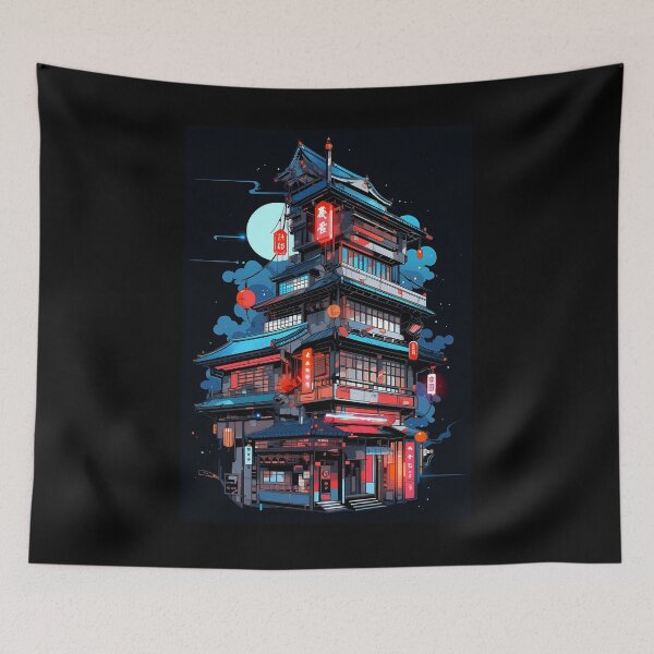 Item preview, Traditional Japanese terraced house at night designed and sold by Newbie Art.