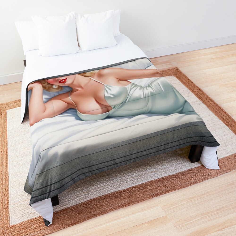 How Is This Pose AI Concept Art by Xzendor7 - Ask The Blonde Beauty 3 How's This Pose Beautiful AI Concept Art Pin Up Girl Portrait by Xzendor7 Decorative Comforter Art Print