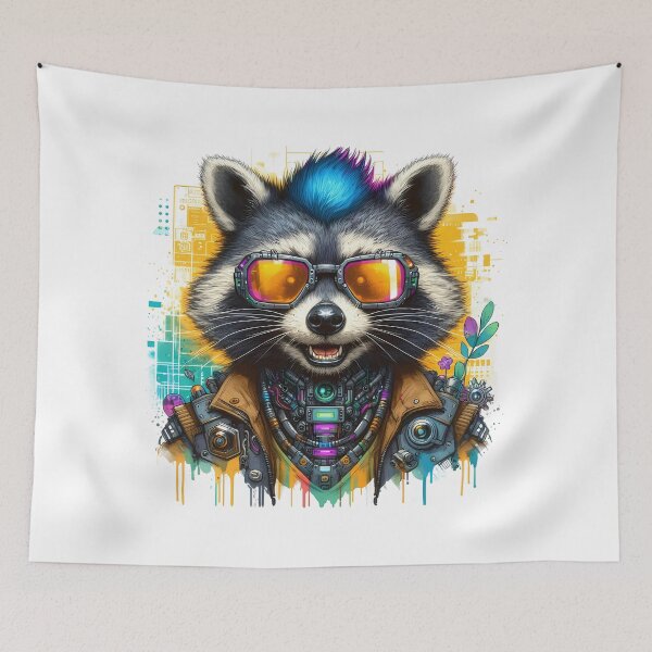 Item preview, Cyberpunk racoon with glasses. Futuristic Feline Illustration designed and sold by Niktarka.