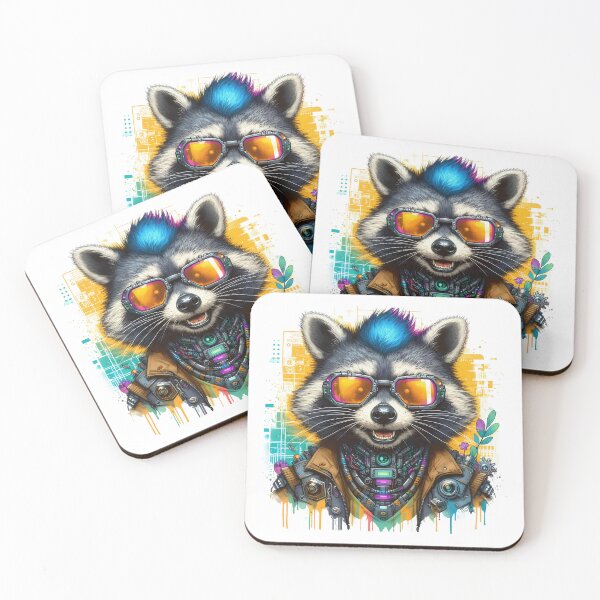 Item preview, Cyberpunk racoon with glasses. Futuristic Feline Illustration designed and sold by Niktarka.