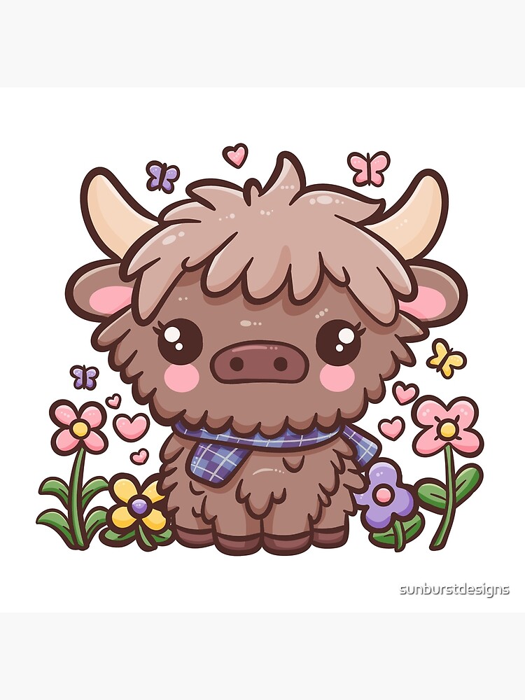 Kawaii Highland Cow with Flowers Art Board Print