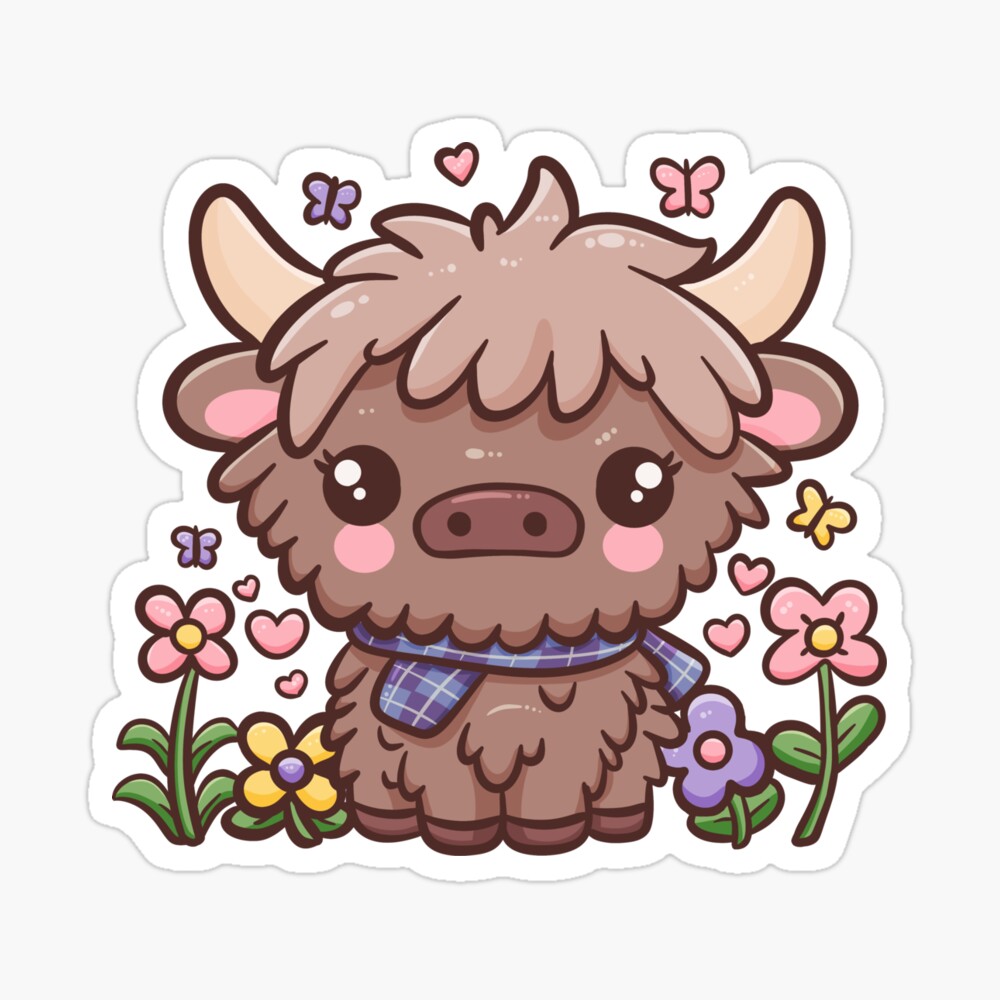 Kawaii Highland Cow with Flowers Art Board Print