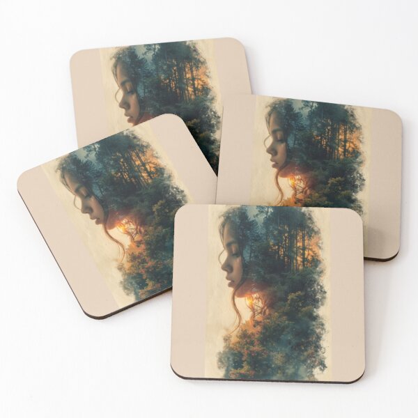 Item preview, Young girl's face profile with forest as hair haloed by a sunset designed and sold by cristina1001.