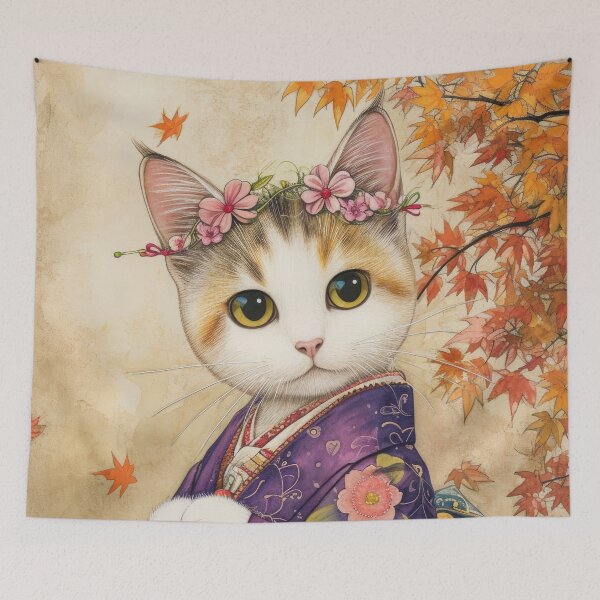 Item preview, cute Maiko cat in kimono, Japanese kawaii art illustration designed and sold by WallyPink.