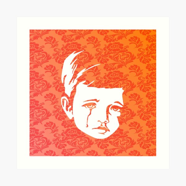 Faces - crying gypsy boy on a red and orange floral background Art Print