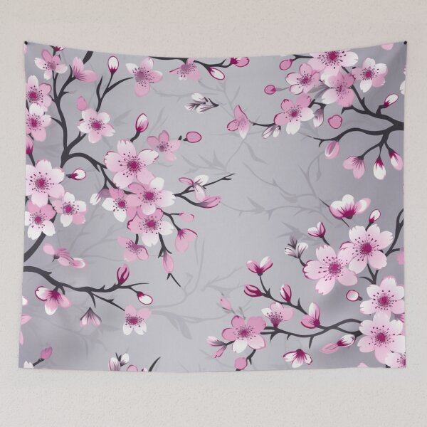 Item preview, Silver and Violet Oriental Cherry Blossoms on Beige and Chinese Wedding Double Happiness | Japanese Sakura designed and sold by GrinGalore.