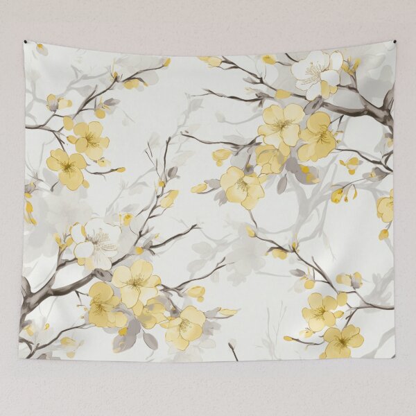 Item preview, Watercolor Yellow Grey Oriental Cherry Blossoms on Beige and Chinese Wedding Double Happiness | Japanese Sakura designed and sold by GrinGalore.