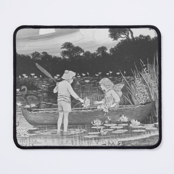 Item preview, Boy helping girl out of canoe in lily pond vintage drawing by Outhwaite designed and sold by ElegantTeaTime.
