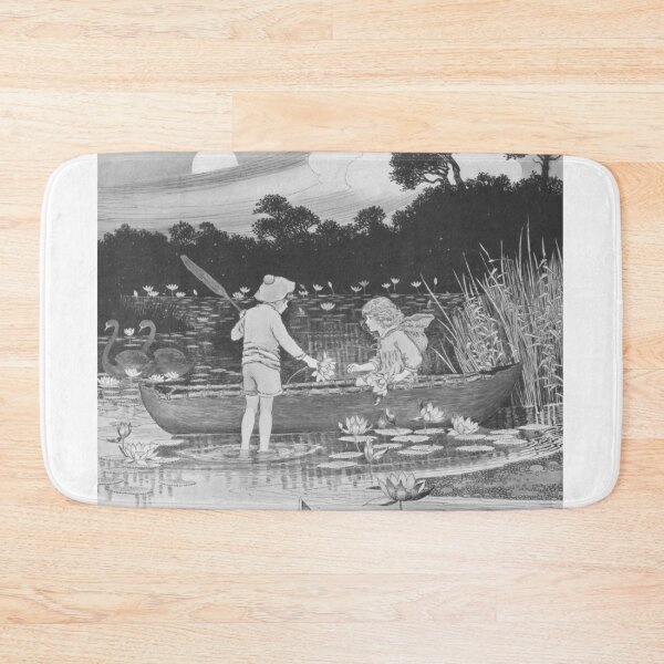 Item preview, Boy helping girl out of canoe in lily pond vintage drawing by Outhwaite designed and sold by ElegantTeaTime.