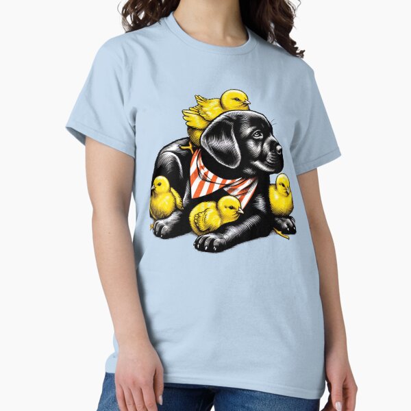 Item preview, yellow chicks nestled in its arms, and one chick is standing on top of the puppy. designed and sold by PaintMeWorld.