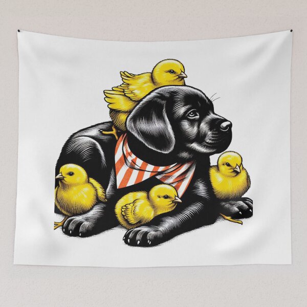 Item preview, yellow chicks nestled in its arms, and one chick is standing on top of the puppy. designed and sold by PaintMeWorld.