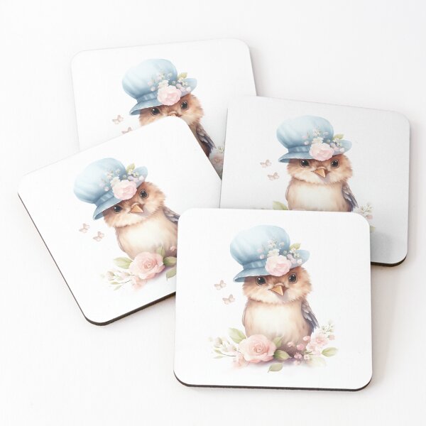 Item preview, Bonnie | Cute watercolor bird with a blue hat and pink flowers designed and sold by Aubergine Designs.