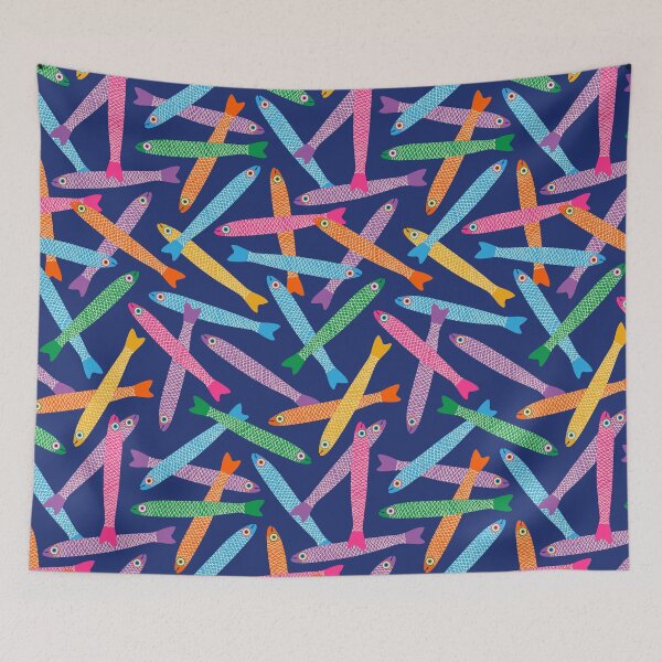 Item preview, ANCHOVIES Bright Graphic Fun Groovy Fish in Rainbow Colors on Royal Blue - Tossed Layout - UnBlink Studio by Jackie Tahara designed and sold by Jackie Tahara of UnBlink Studio.