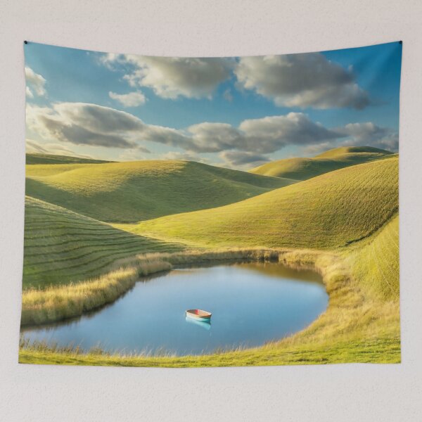 Aperçu de l'œuvre Green Rolling Hills bateau à rames vide sur petit étang créée et vendue par Loving Nature Gifts.