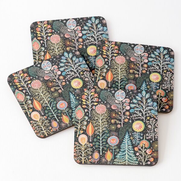 Item preview, Folk Art-inspired Illustration of Flowers and Trees on Black Background designed and sold by AgathaZolastore.