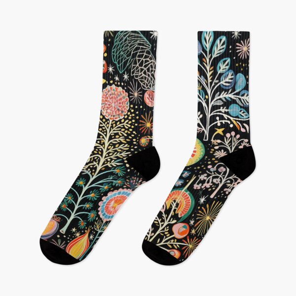 Item preview, Folk Art-inspired Illustration of Flowers and Trees on Black Background designed and sold by AgathaZolastore.