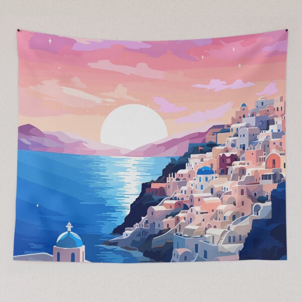 Item preview, Santorini Greece Sunset Evening Illustration Art designed and sold by LVTFCOarts.