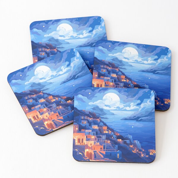 Item preview, Santorini Greece Blue Evening Travel Illustration Art designed and sold by LVTFCOarts.