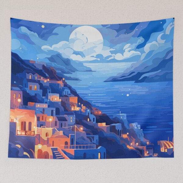 Item preview, Santorini Greece Blue Evening Travel Illustration Art designed and sold by LVTFCOarts.