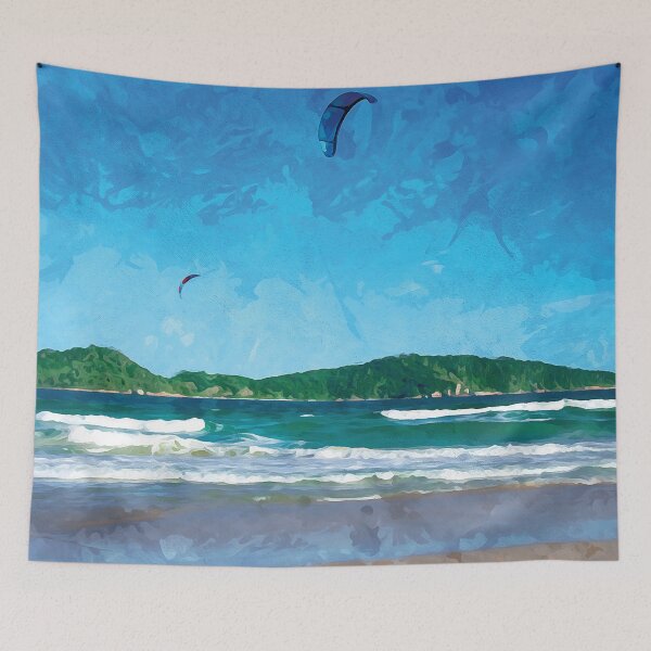 Artikelvorschau, Zwei Kitesurfer vor einer kleinen Insel in Aquarell entworfen und verkauft von Intermundium.