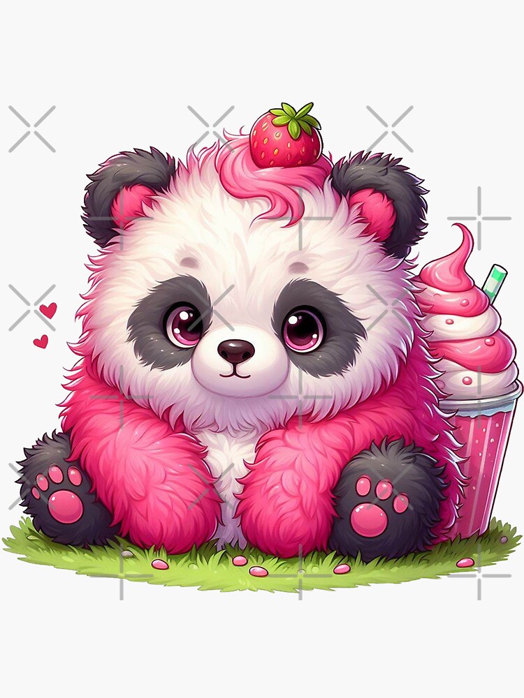 Cute Little Panda with Strawberry | Sticker