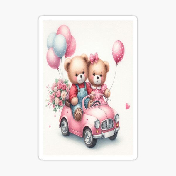 Teddy bears riding in a pink car with balloons and roses. Wearing a red shirt and blue pants, and the other teddy bear is wearing a pink dress. The car is decorated with flowers - www.fineaiart.art Sticker