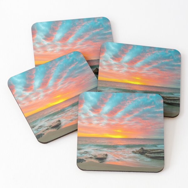 Item preview, Unique Cloudy Sky Beach Sunset Photo with Waves Crashing over Rocks designed and sold by ImagesByBoyd.