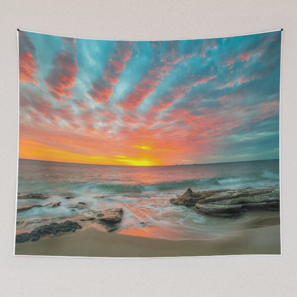 Item preview, Unique Cloudy Sky Beach Sunset Photo with Waves Crashing over Rocks designed and sold by ImagesByBoyd.