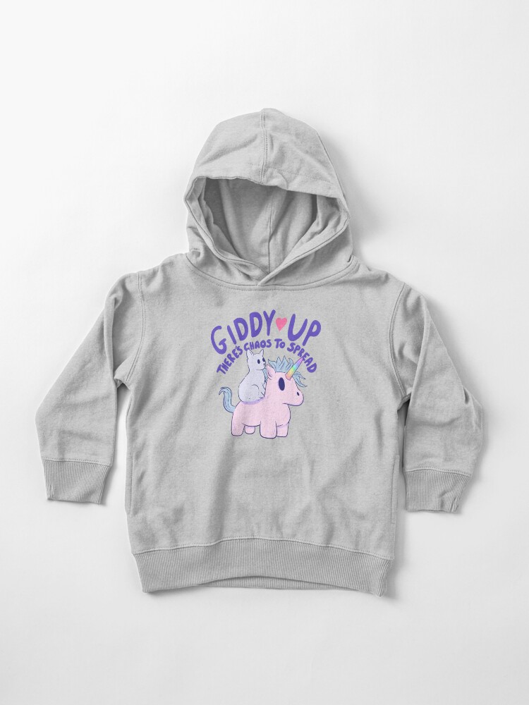 Thumbnail 1 of 5, Toddler Pullover Hoodie, Cute Cat Riding Unicorn - Giddy Up, There’s Chaos to Spread designed and sold by jess1586.