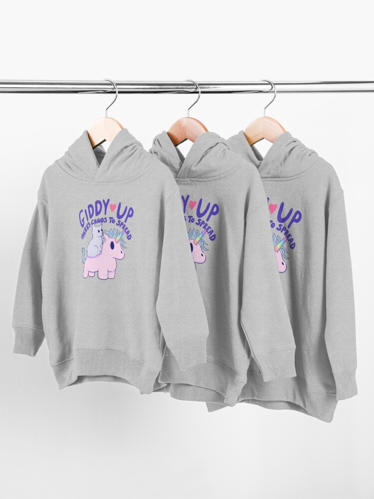 Thumbnail 3 of 5, Toddler Pullover Hoodie, Cute Cat Riding Unicorn - Giddy Up, There’s Chaos to Spread designed and sold by jess1586.