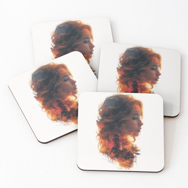 Item preview, Young girl's face profile with forest as red hair haloed by a sunset designed and sold by cristina1001.