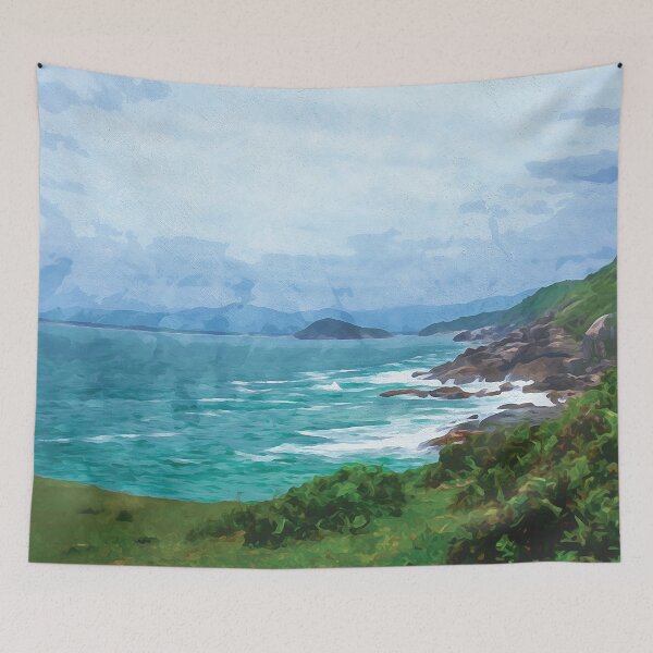 Item preview, Rocky coast with turquoise water in watercolor designed and sold by Intermundium.
