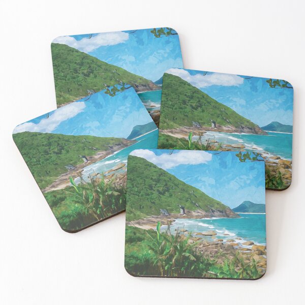 Item preview, Remote tropical beach framed by green vegetation in watercolor designed and sold by Intermundium.