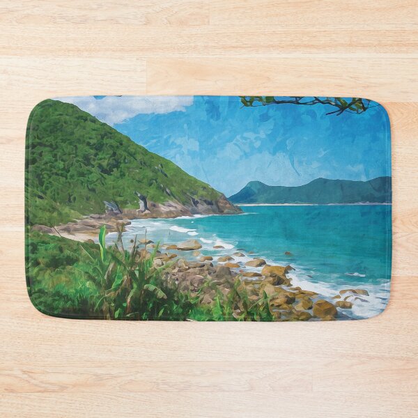 Item preview, Remote tropical beach framed by green vegetation in watercolor designed and sold by Intermundium.