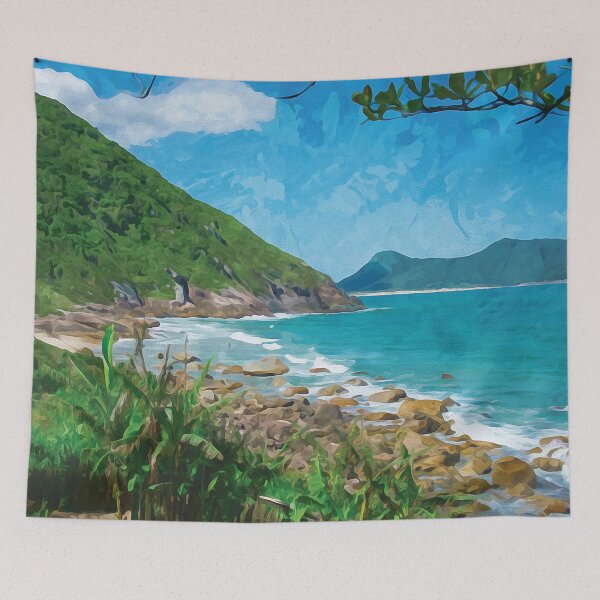 Item preview, Remote tropical beach framed by green vegetation in watercolor designed and sold by Intermundium.