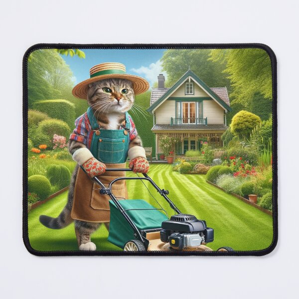 Item preview, Gardening Paws: Cat Mows in Lush Garden designed and sold by catontheroof.