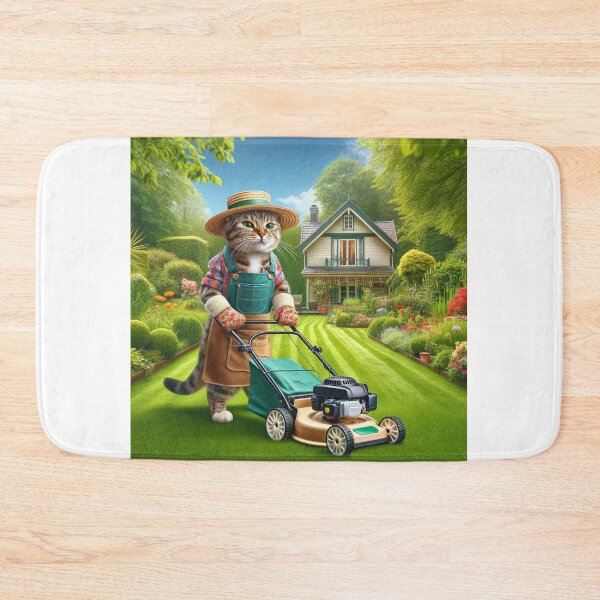 Item preview, Gardening Paws: Cat Mows in Lush Garden designed and sold by catontheroof.