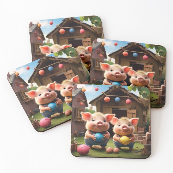 Item preview, three little pigs play with their balls and toys in their house garden. They are looking cute . designed and sold by Especiallyforu.