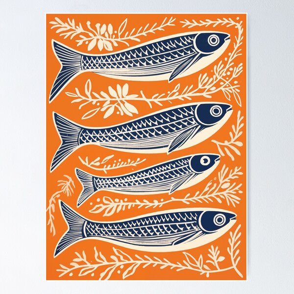 Item preview, Danish Woodcut Linocut Sardine Fish Print designed and sold by Katherine Keenan.