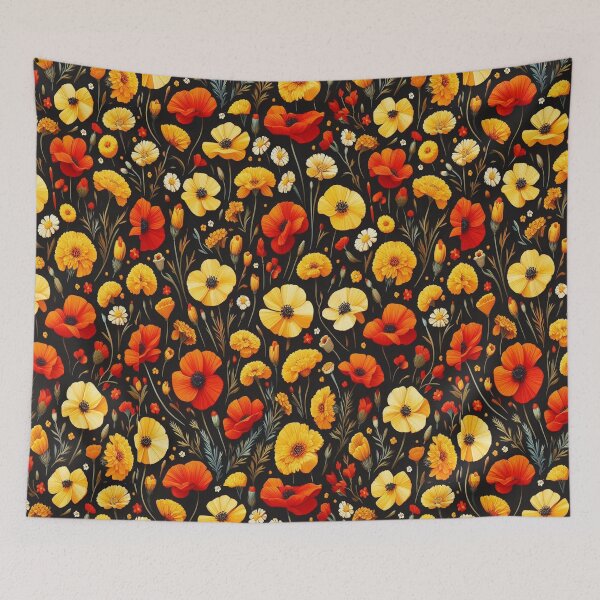 Item preview, Red Poppy and Yellow Marigold Minimal Flowers ; Floral Pattern designed and sold by PatternInArt.