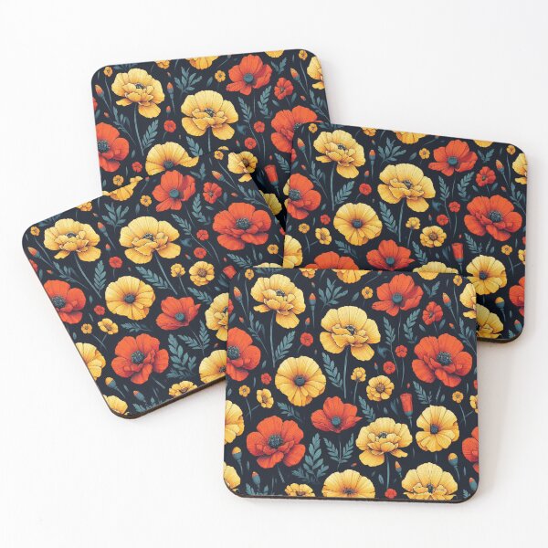 Item preview, Red Poppy and Yellow Marigold Flowers ; Floral Pattern designed and sold by PatternInArt.