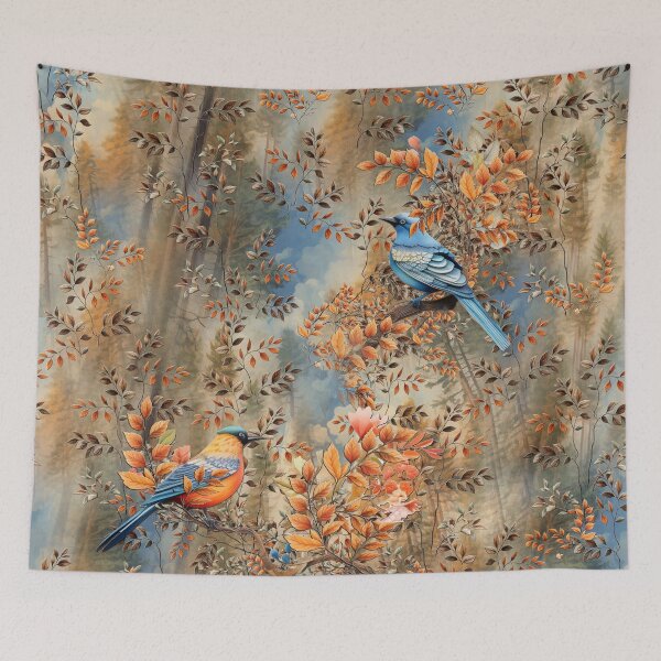 Item preview, Tall trees tower above, while the leaves of autumn fall all around blue birds. designed and sold by NadineMay.