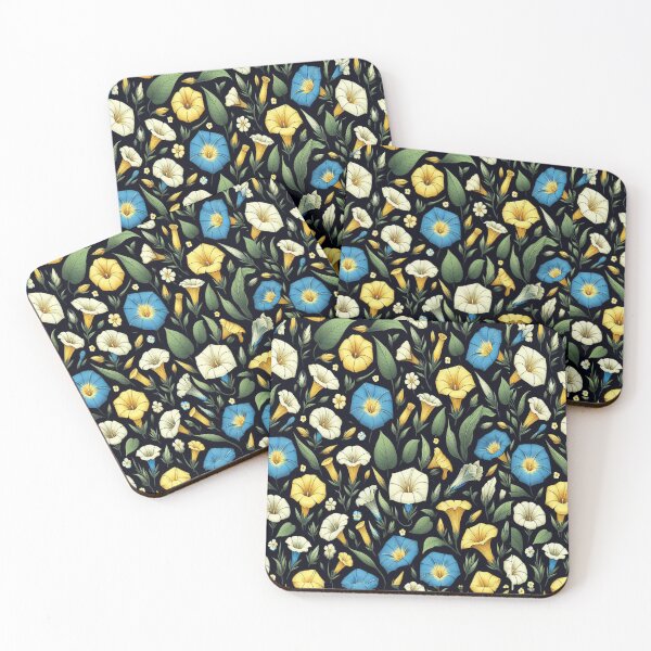 Artikelvorschau, Blaue weiße Prunkwinde und gelbe Orchideenblüten; Blumenmuster entworfen und verkauft von PatternInArt.