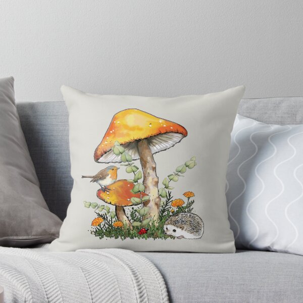 Item preview, Orange Red Toadstools with HEDGEHOG and ROBIN Bird Illustration designed and sold by JoyfulWhimsy.