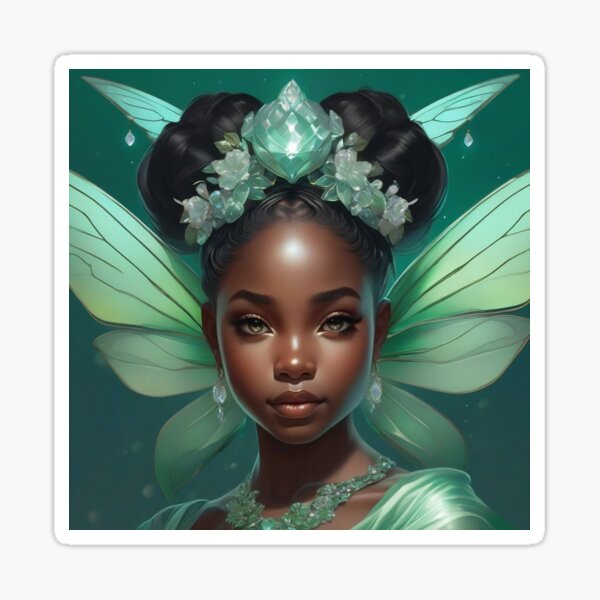 Black Girl Fairy With Sea Foam Green Wings and Dress Sticker