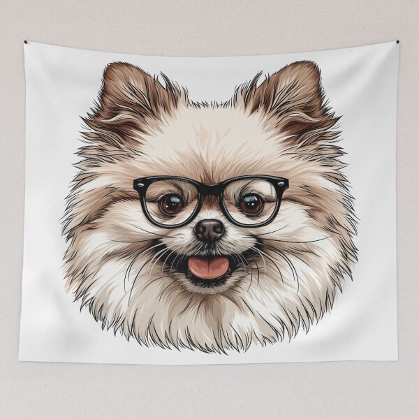 Item preview, Cartoon Pomeranian Dog Fluffy Light Brown White Fur Black-Framed Glasses Cute Intelligent Inquisitive Expression Illustration designed and sold by PrintsByVickson.